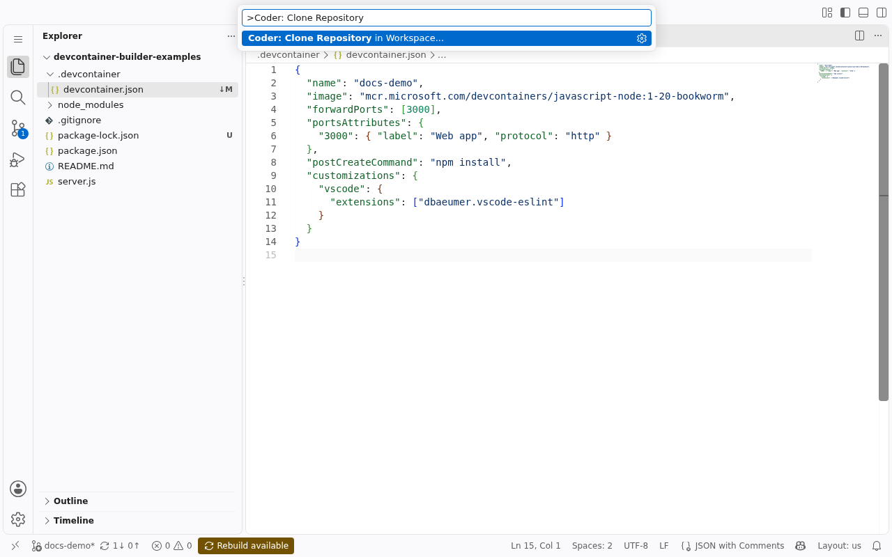 The Command Palette with Coder: Clone Repository in Workspace…
