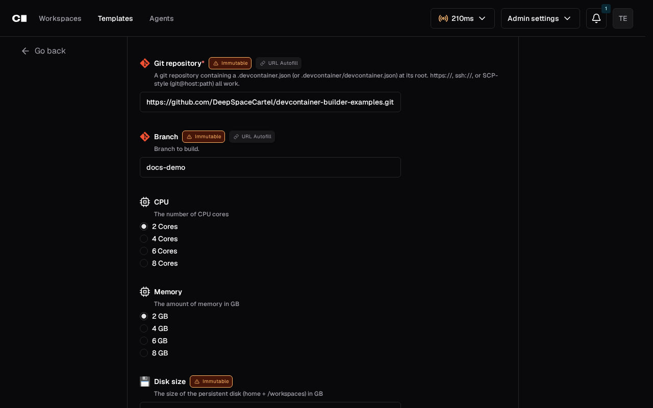 The Coder create-workspace page: Git repository and Branch first