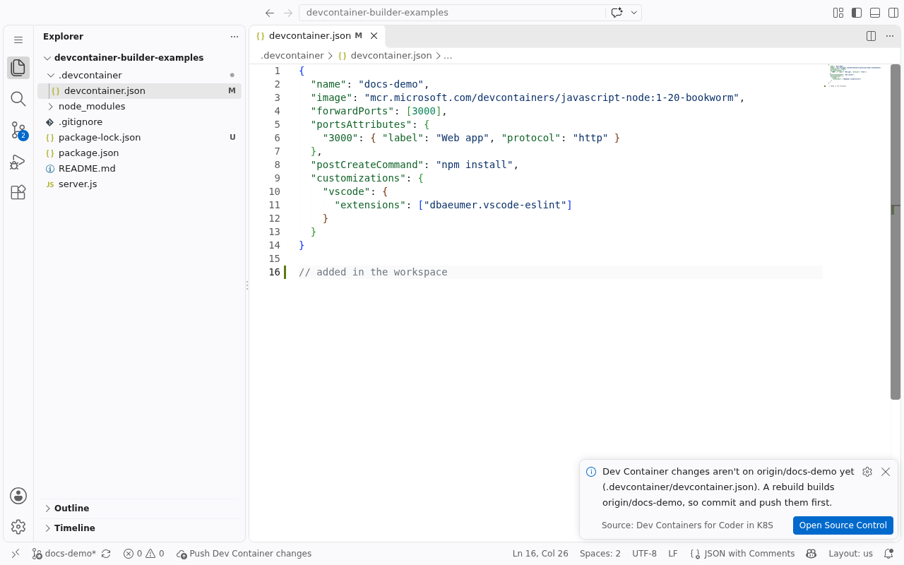A local, unpushed change: Push Dev Container changes