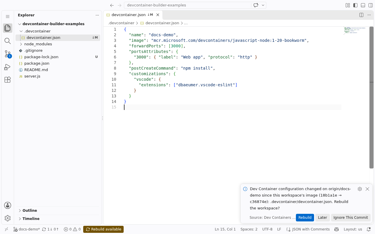 VS Code in a workspace, offering to rebuild after the Dev Container configuration changed on the branch