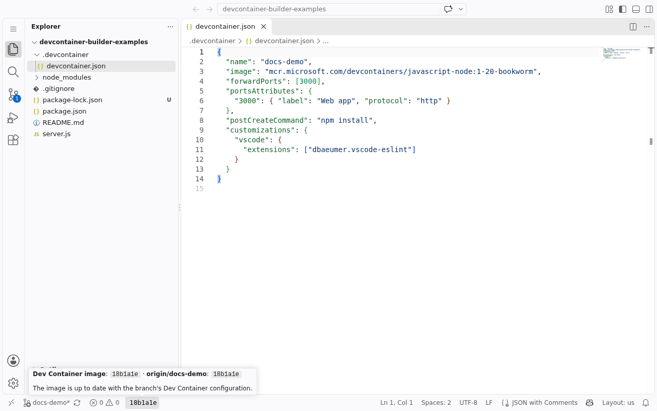 VS Code in a workspace: the status bar shows the image's commit, up to date with the branch